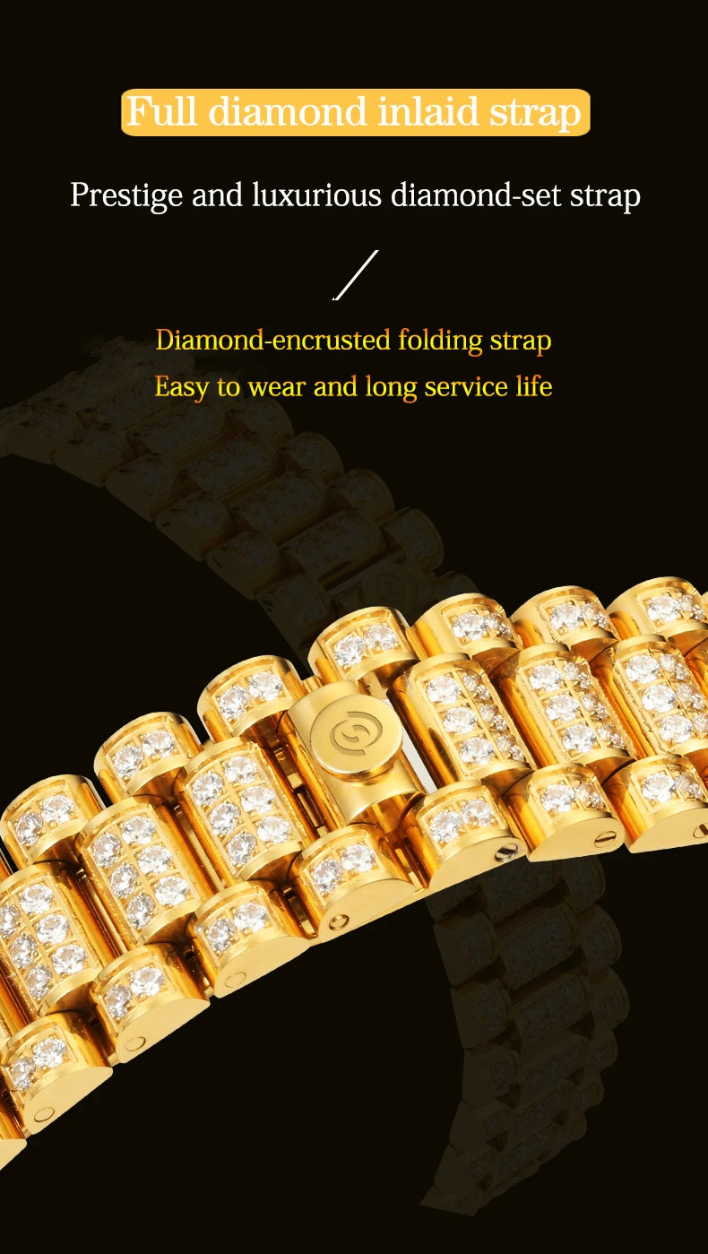 【START】Men's watch Swiss Automatic Mechanical Movement Diamond Watch Waterproof Date Week Function Golden watch