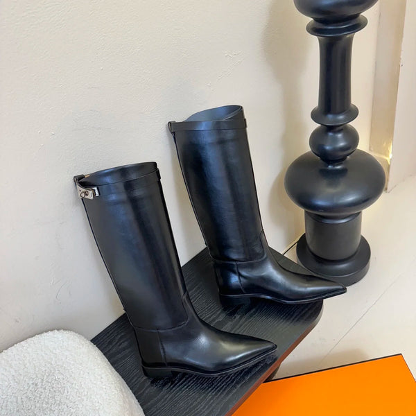 Hot Sale Long womens boots Knee-high boots Luxe-Design Pointed toe and Genuine leather sole Cowhide straight boots size 35-41