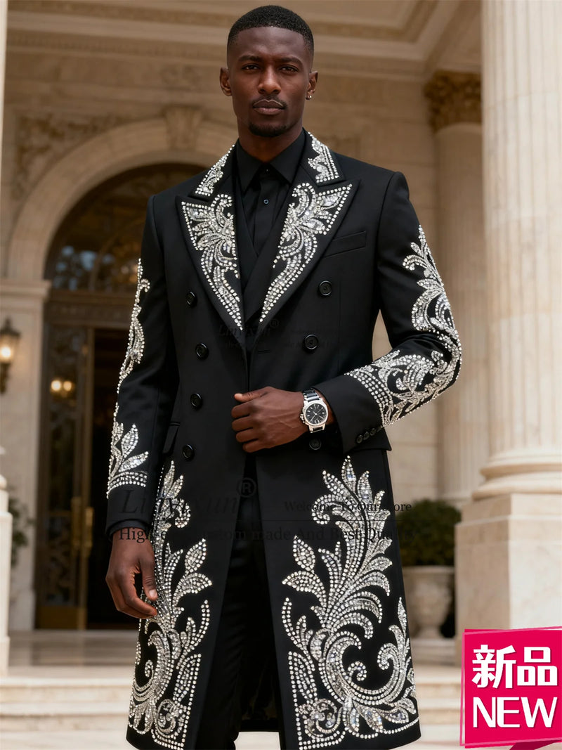 Long Coats Pants Ornament Men Suits Customized Slim Fit Wedding Tuxedos 3 Piece Sets Groom Male Blazers Party Costume Homme