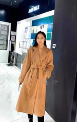 Women 100% Wool Coat For Winter Elegant Beautiful High Grade Brand Blends Double-breasted Office Woolen Overcoat XS With Belt