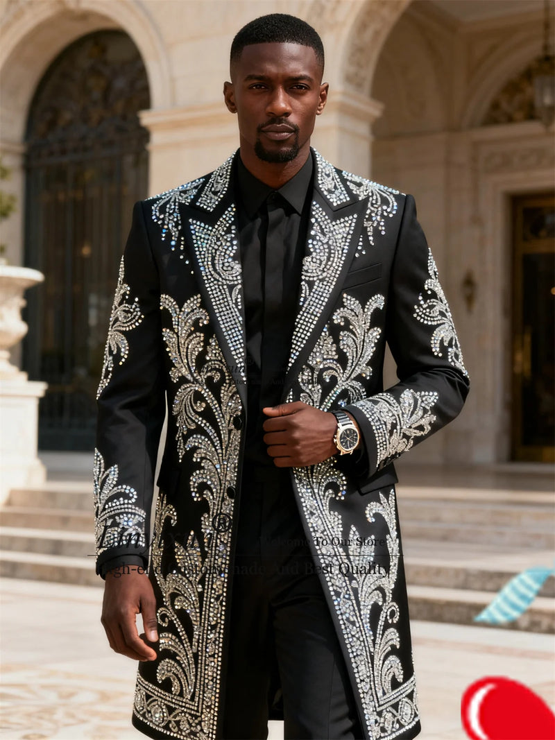 Long Coat Pants Men Suits Customized 2 Pieces Sets Groom Male Blazers Sparkly Rhinestones Ropa hombre Slim Fit Wedding Tuxedos