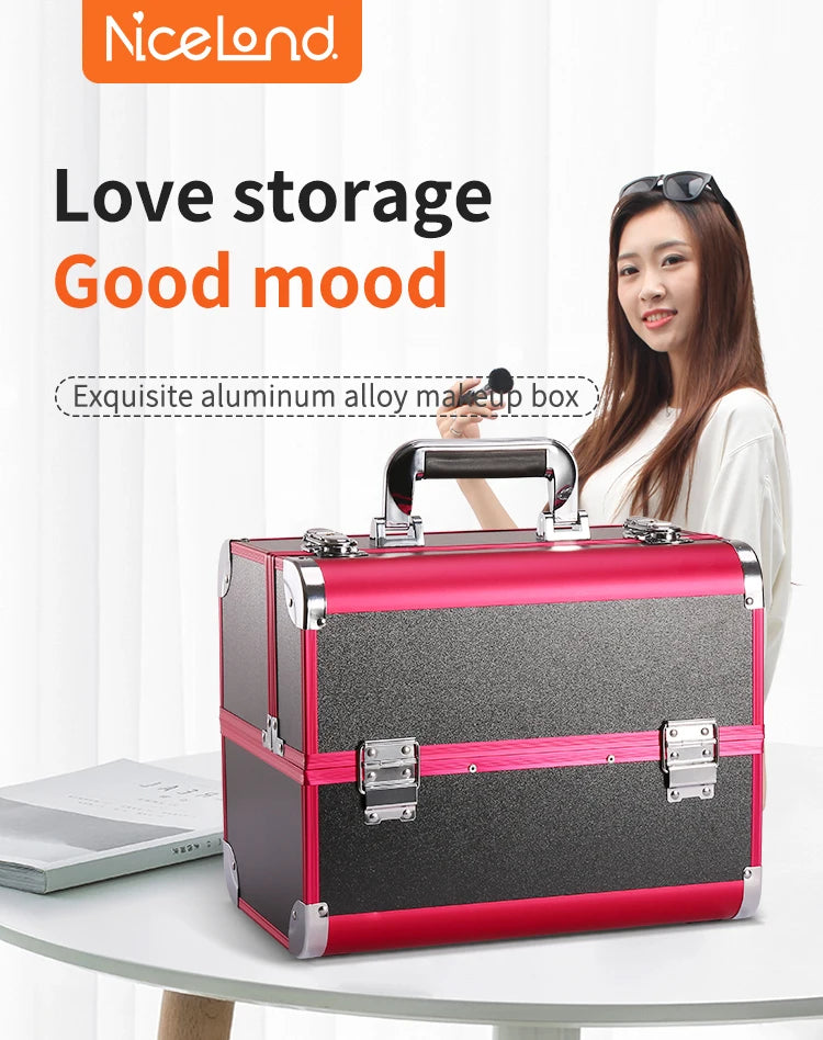 Makeup Train Case Aluminum Alloy Case Pedicure Tool Box with Handle Cosmetic Box Portable Makeup Case Organizer