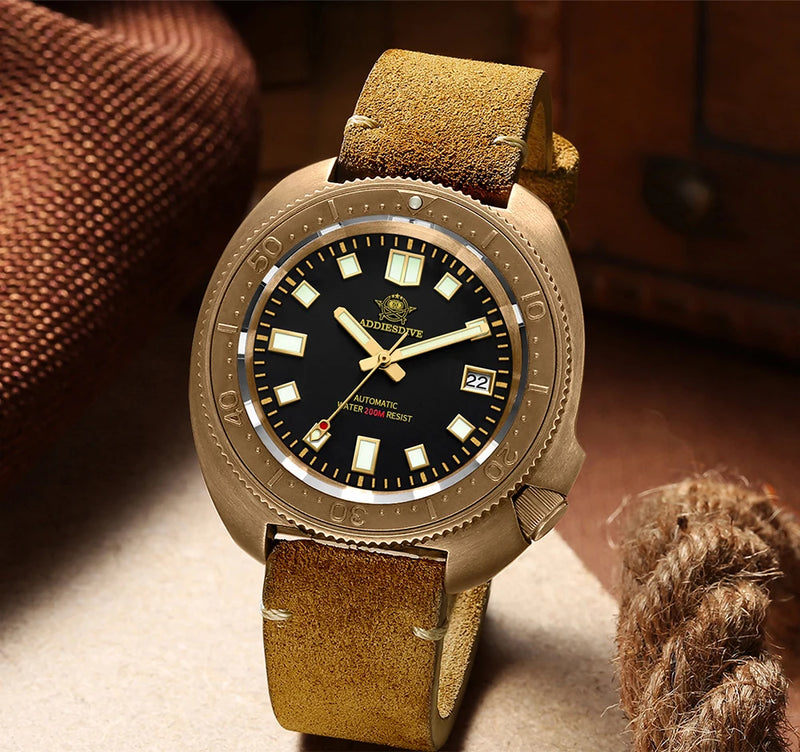 ADDIESDIVE AD2104 Retro Men's Watch CUSN8 Bronze Case Sapphire Automatic Mechanical Watch Watches Waterproof Luminous Wristwatch
