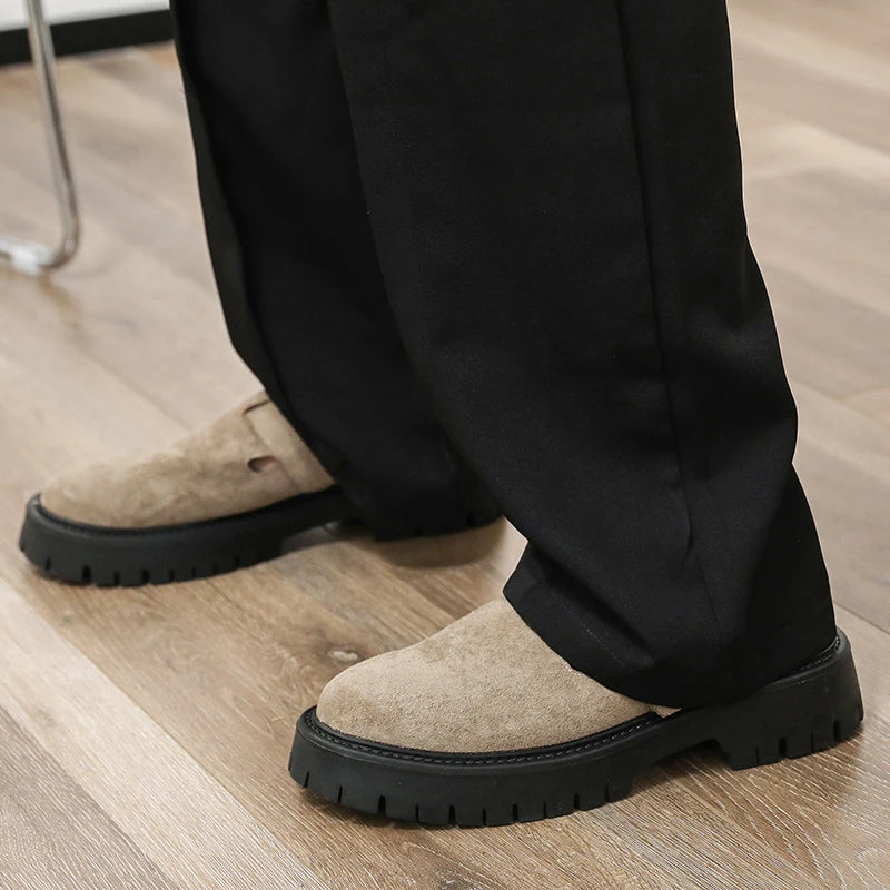 Fashion Khaki Suede Loafers Round Toe Toe  Thick Soled Slippers Men's Leather Shoes Party Casual Thick Soled Shoes for Men