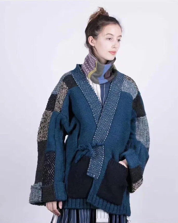 New Spring and Autumn Long Sleeve V-neck Cardigan loose hand-color matching design unique niche tide coat