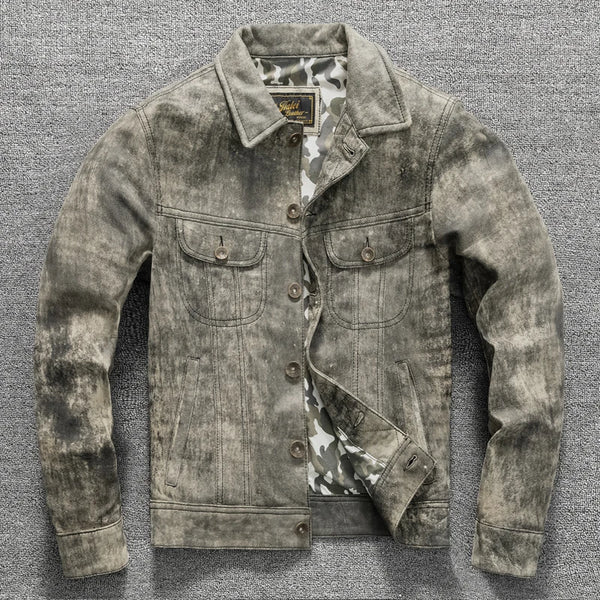 Camouflage Grey Spring Leather Jacket Men Vintage Style Genuine Natural Sheepskin Single Breasted Leather Coat