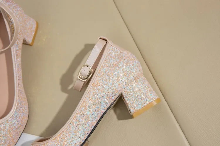 New Women Shoes Pumps Summer Fashion Thick High Heels Buckle Ladies Casual Party Chunky Color Flash Career Slip On  Sequins