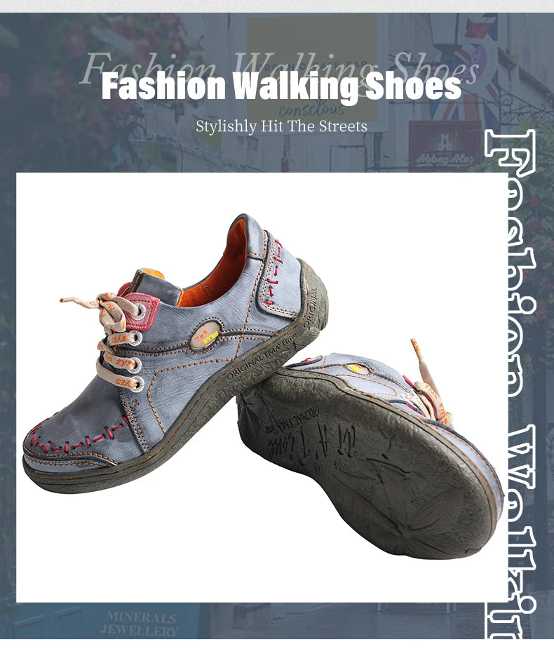 TMA EYES Women's Hand-Stitched Leather Sneakers Lightweight Flat Design Shoes For Women For Autumn Seasons