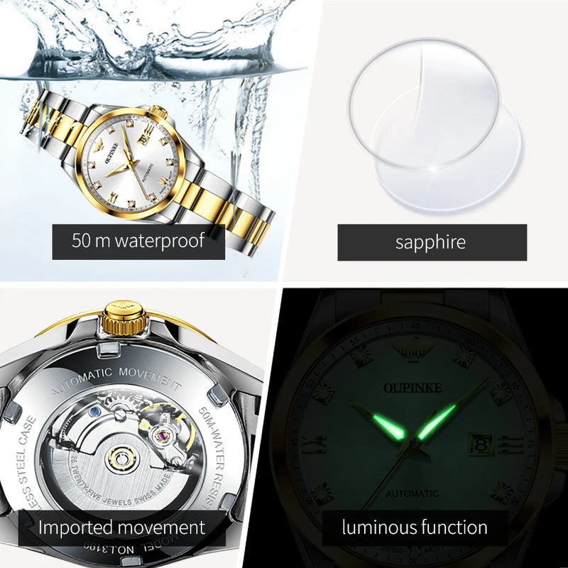 Original OUPINKE 3199 Swiss Automatic Mechanical Watch for Women Real Diamond Sapphire Mirror Ladies Watch Bracelet Set Gift NEW
