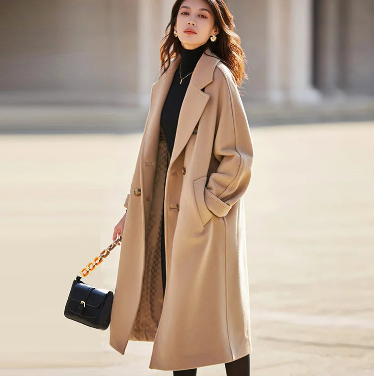 Women 100% Wool Coat For Winter Elegant Beautiful High Grade Brand Blends Double-breasted Office Woolen Overcoat XS With Belt