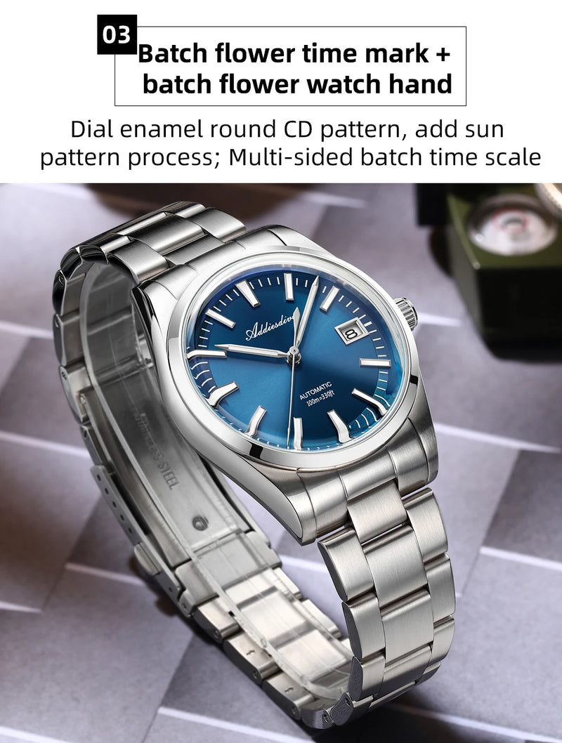 ADDIESDIVE NEW AD2077 Men Mechanical Wristwatches Sunburst Dial AR Coated Coated Dome Glass Waterproof Luxury Automatic Watches
