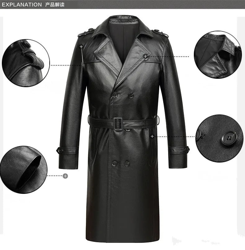 Men's Genuine Cowhide Leather Trench Coat Long Youth Handsome Belted Suit Collar Jacket for Autumn Winter 6XL