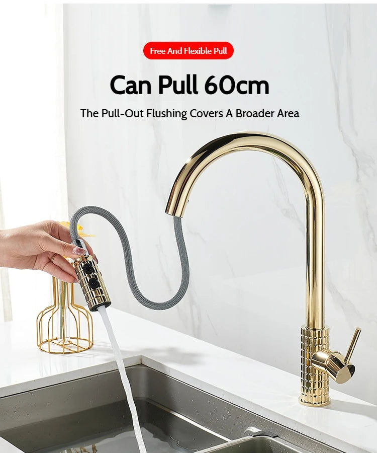 Kitchen Brush Gold Patterned Brass Faucet Pull Out 360 Degree Swivel Hot And Cold Mixer Tap Stream Sprayer Head Single Handle