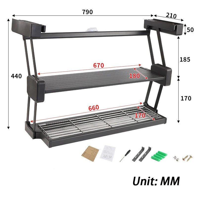 Kitchen Organizer Hanging Shelves 2 Layer Folding Dish Rack Top Mounted Lifting Basket Cabinet Kitchen Cupboard Cutlery Holder