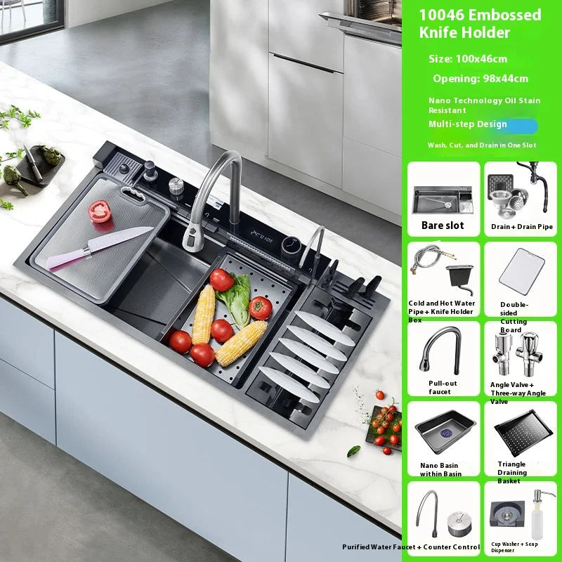 100 CM Large Size Single Slot Stainless Steel Kitchen Sink Multifunctional With Trash Can and Draining Rack Wash Vegetable Basin