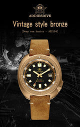 ADDIESDIVE AD2104 Retro Men's Watch CUSN8 Bronze Case Sapphire Automatic Mechanical Watch Watches Waterproof Luminous Wristwatch