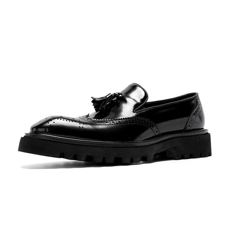 Mens Genuine Leather Loafers Summer Slip On Breathable Thick Sole Brogue Tassel Casual Dress Shoes