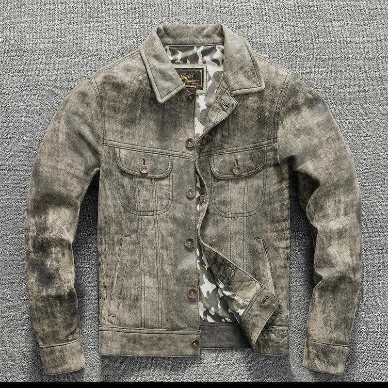 Camouflage Grey Spring Leather Jacket Men Vintage Style Genuine Natural Sheepskin Single Breasted Leather Coat