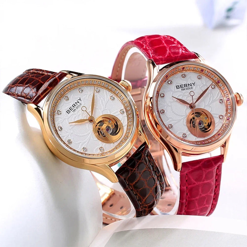 BERNY Luxury 18K Gold Mechanical Watch for Women Automatic Self-Wind Sapphire Ladies Wristwatch 72 Diamond 5ATM Skeleton Design