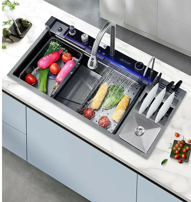100 CM Large Size Single Slot Stainless Steel Kitchen Sink Multifunctional With Trash Can and Draining Rack Wash Vegetable Basin