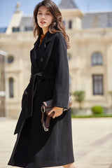Women 100% Wool Coat For Winter Elegant Beautiful High Grade Brand Blends Double-breasted Office Woolen Overcoat XS With Belt