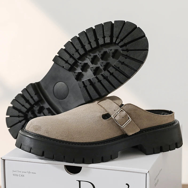Fashion Khaki Suede Loafers Round Toe Toe  Thick Soled Slippers Men's Leather Shoes Party Casual Thick Soled Shoes for Men