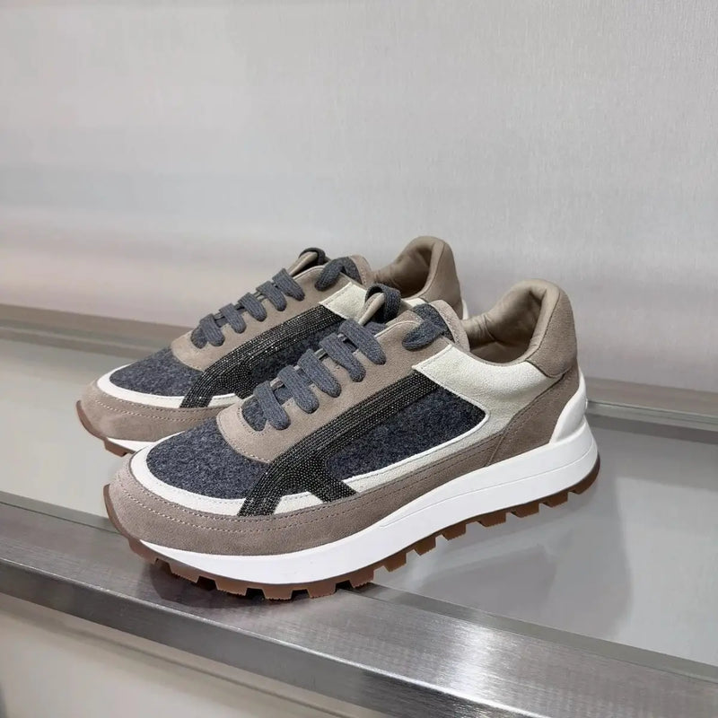 2025 Early Spring Full-Grain Leather Patchwork Chain Retro Color-Block Thick-Sole Casual Women's Shoes