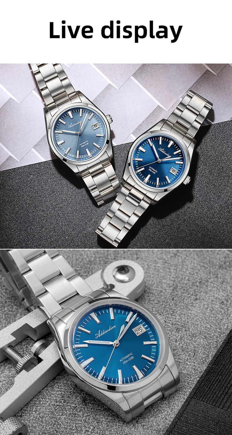 ADDIESDIVE NEW AD2077 Men Mechanical Wristwatches Sunburst Dial AR Coated Coated Dome Glass Waterproof Luxury Automatic Watches