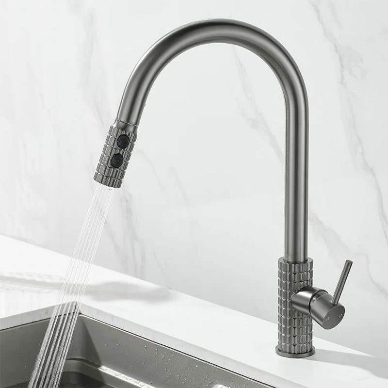 Kitchen Brush Gold Patterned Brass Faucet Pull Out 360 Degree Swivel Hot And Cold Mixer Tap Stream Sprayer Head Single Handle
