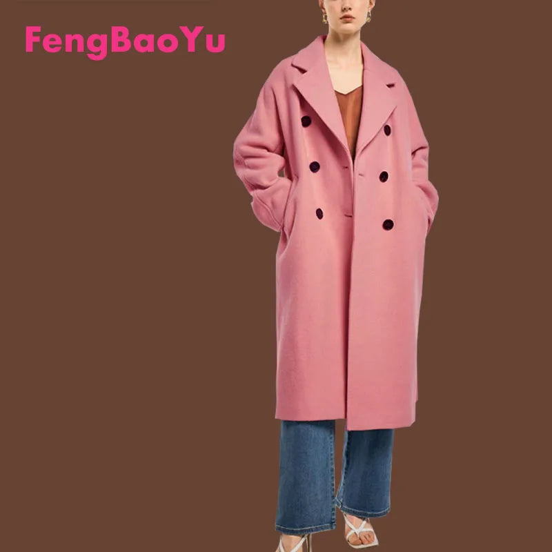 Sheep Wool women's Coat Autumn and Winter French Style Commuter Double-breasted Cashmere Coat Soft Shine Classic Pink Clothes