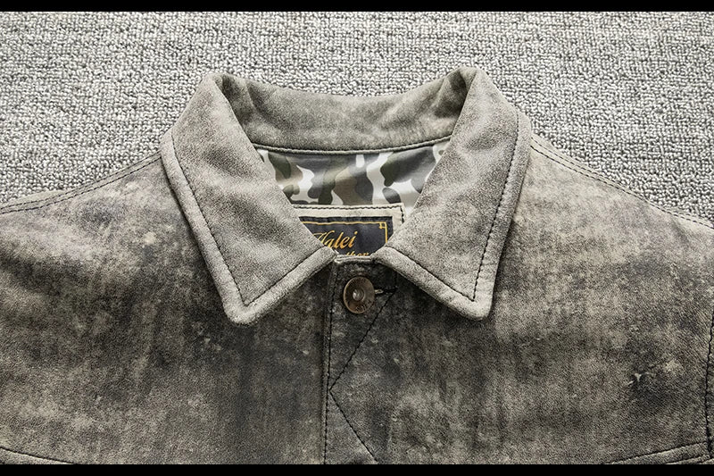 Camouflage Grey Spring Leather Jacket Men Vintage Style Genuine Natural Sheepskin Single Breasted Leather Coat