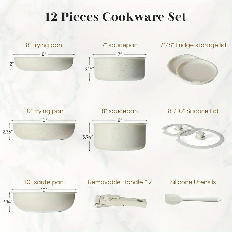 12pcs  White Granite, Nonstick Pots and Pans Set, Induction Cookware Non Stick Cooking Set, Frying Pans & Saucepans with