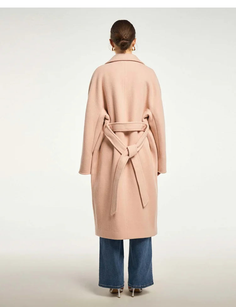 Sheep Wool women's Coat Autumn and Winter French Style Commuter Double-breasted Cashmere Coat Soft Shine Classic Pink Clothes