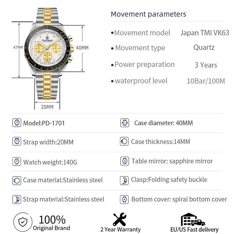 2025 New PAGANI DESIGN Brand  Moon  men Watches Auto Date Chronograph Wristwatch AR Sapphire mirror Waterproof  Watches