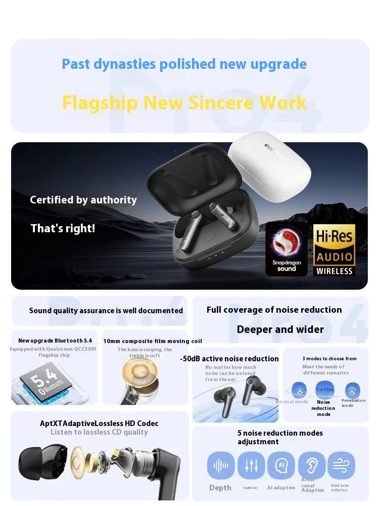 EarFun Air Pro 4 Wireless Earphone Active Noise Reduction HI-FI Bluetooth5.4 Earphones E-sports IPX5 Waterproof PC Gamer Headset