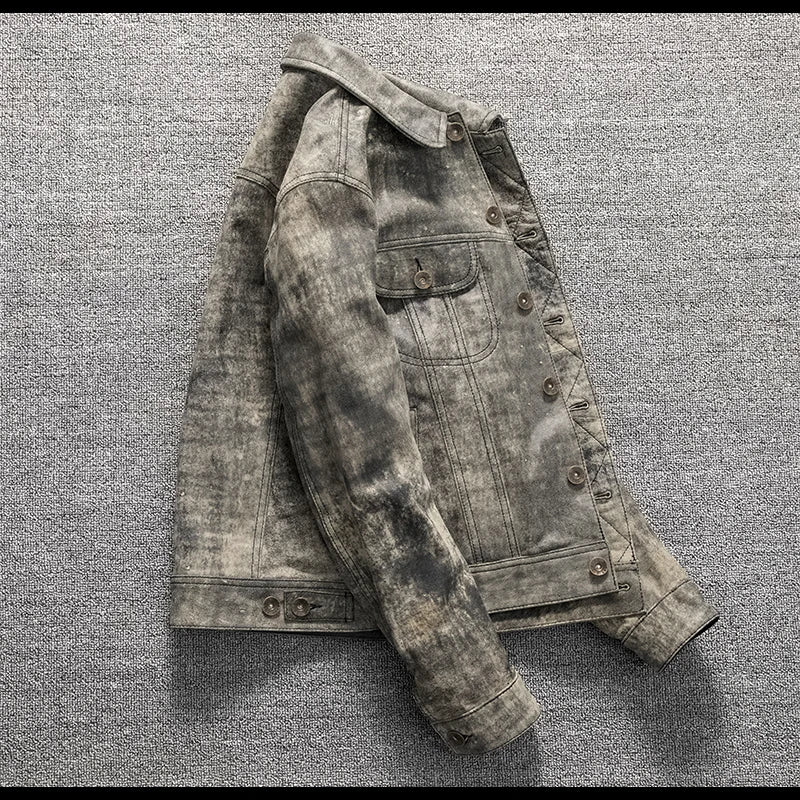 Camouflage Grey Spring Leather Jacket Men Vintage Style Genuine Natural Sheepskin Single Breasted Leather Coat