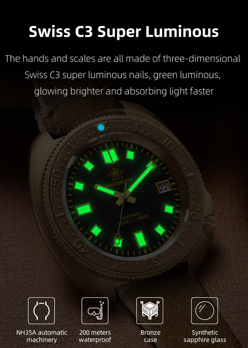ADDIESDIVE AD2104 Retro Men's Watch CUSN8 Bronze Case Sapphire Automatic Mechanical Watch Watches Waterproof Luminous Wristwatch
