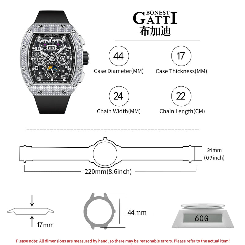 Bonest Gatti Men Luxury Automatic Movement Skeleton Mechanical Watch Rubber Band Diamond Bezel Man watch German Design BG-5004