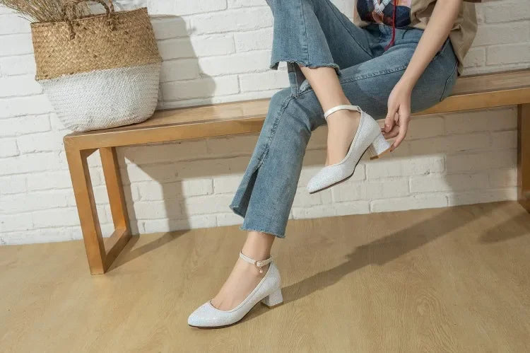 New Women Shoes Pumps Summer Fashion Thick High Heels Buckle Ladies Casual Party Chunky Color Flash Career Slip On  Sequins