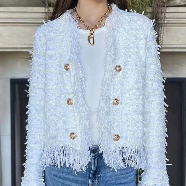 Women's Fashion Double-breasted Jackets 2025 Autumn Winter New Elegant High-end Temperament Tassel Top Coat Women's Clothing