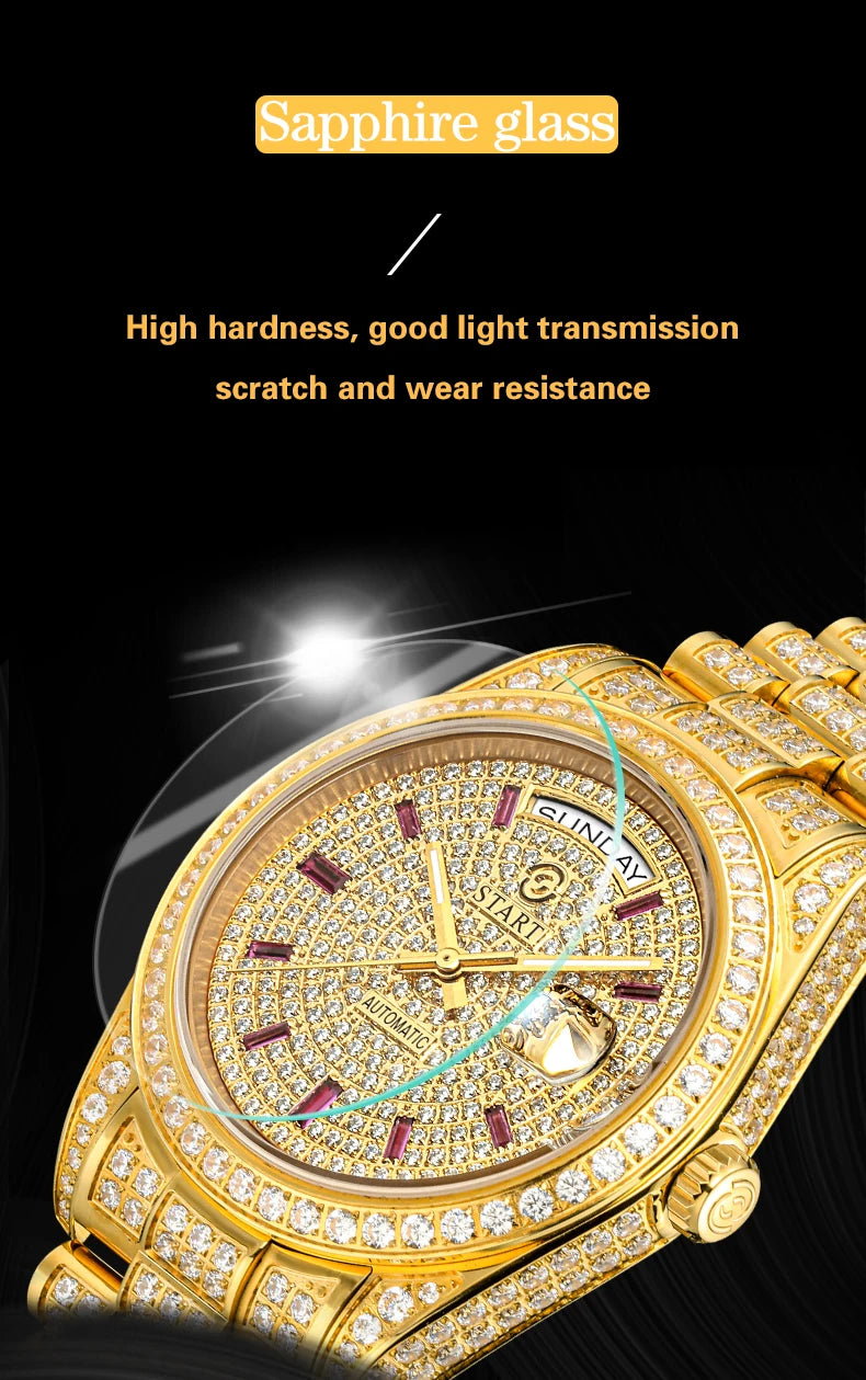 【START】Men's watch Swiss Automatic Mechanical Movement Diamond Watch Waterproof Date Week Function Golden watch