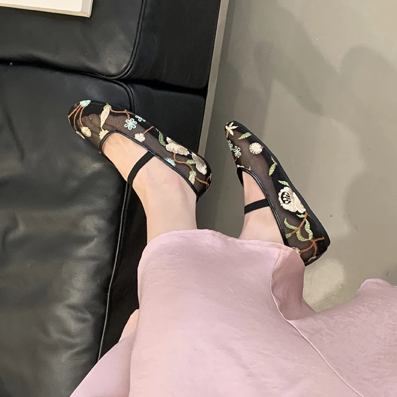 Mesh Gauze Ventilation Soft Sole Single Shoes Women's Round Toe Embroidery Design Mary Jane Shoes Spring Summer Ballet Shoes