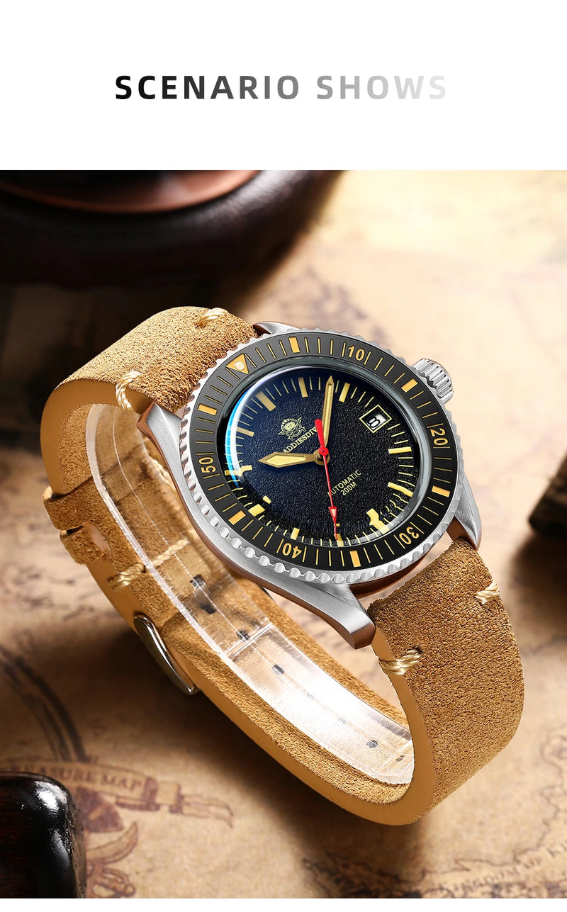 ADDIESDIVE Men's Watches Ceramic bezel Leather/Stainless Steel Sapphire Automatic Mechanical Watch 20ATM Waterproof Reloj Hombre