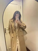 Women 100% Wool Coat For Winter Elegant Beautiful High Grade Brand Blends Double-breasted Office Woolen Overcoat XS With Belt