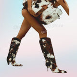 Mutilcolor Sexy Animal Print Mid Calf Boots Pointy Stiletto High Heel Hot Girl Runway Style Fashion Women Shoes 2025 Para Mujere