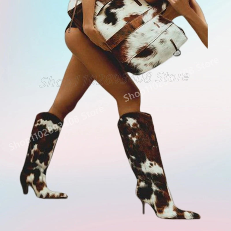 Mutilcolor Sexy Animal Print Mid Calf Boots Pointy Stiletto High Heel Hot Girl Runway Style Fashion Women Shoes 2025 Para Mujere
