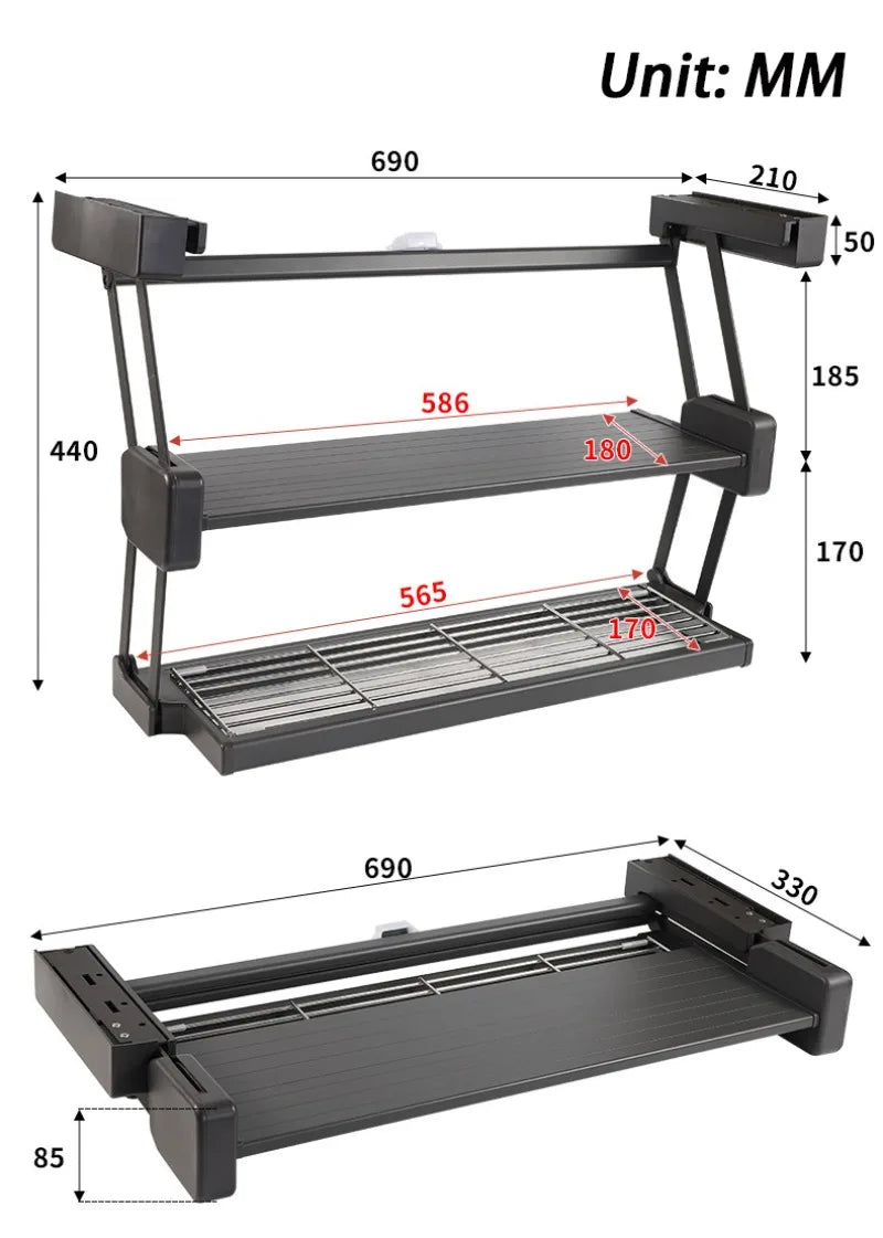 Kitchen Organizer Hanging Shelves 2 Layer Folding Dish Rack Top Mounted Lifting Basket Cabinet Kitchen Cupboard Cutlery Holder