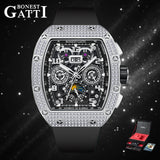 Bonest Gatti Men Luxury Automatic Movement Skeleton Mechanical Watch Rubber Band Diamond Bezel Man watch German Design BG-5004