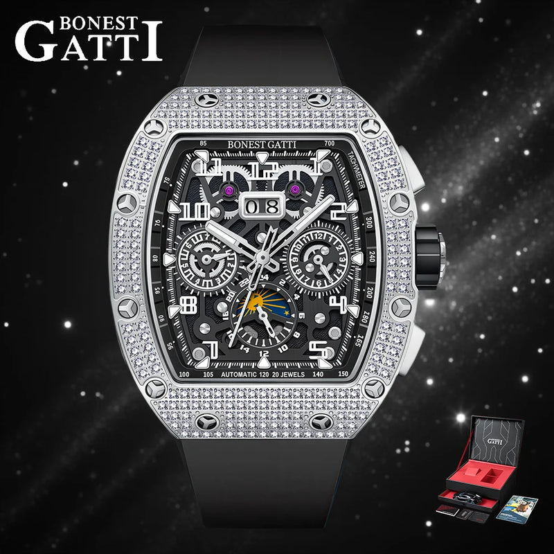 Bonest Gatti Men Luxury Automatic Movement Skeleton Mechanical Watch Rubber Band Diamond Bezel Man watch German Design BG-5004