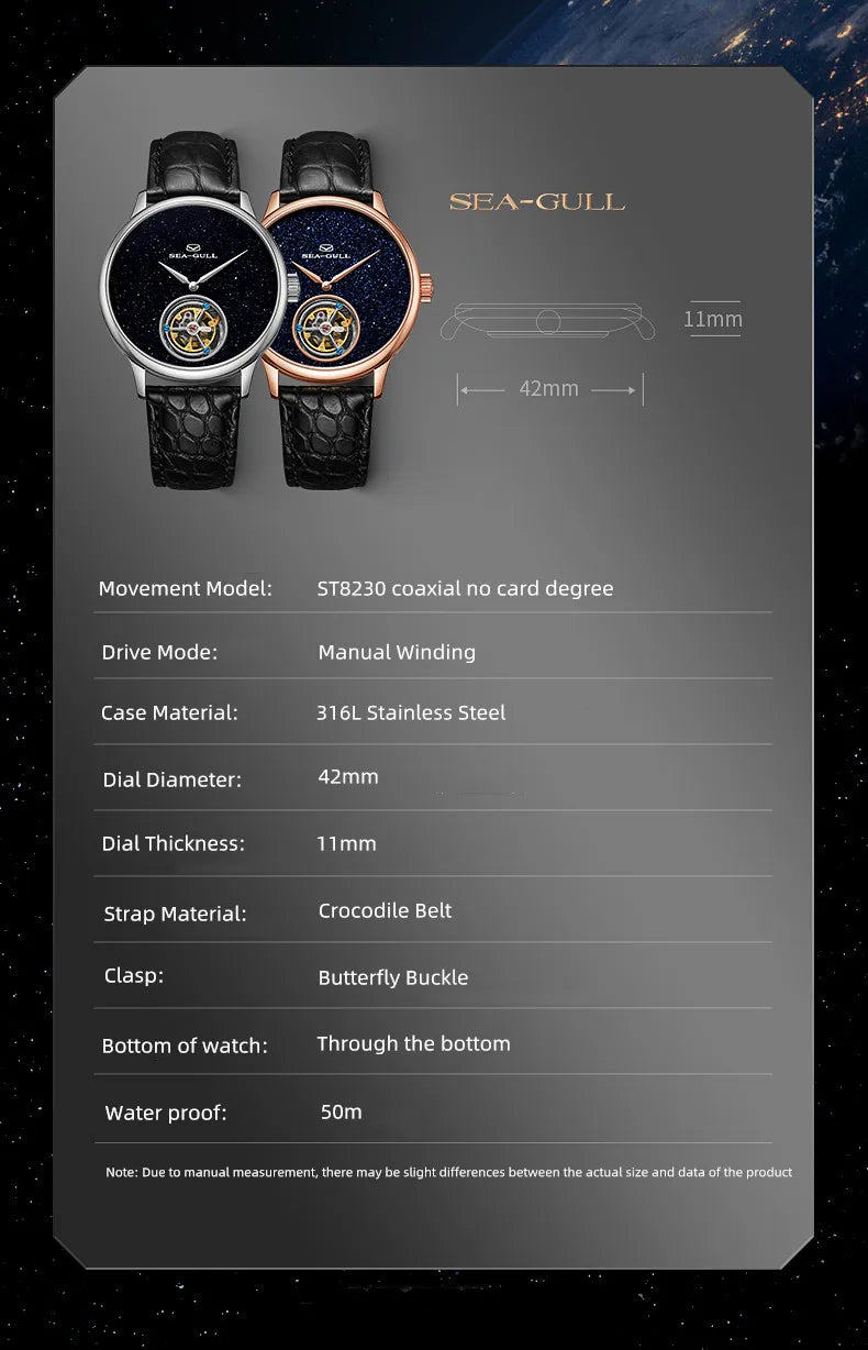 Seagull Tourbillon Men Watch ST8230 Manual Mechanical Vintage Skeleton Wristwatch Elegant Crocodile Strap Relogio Masculion 6144